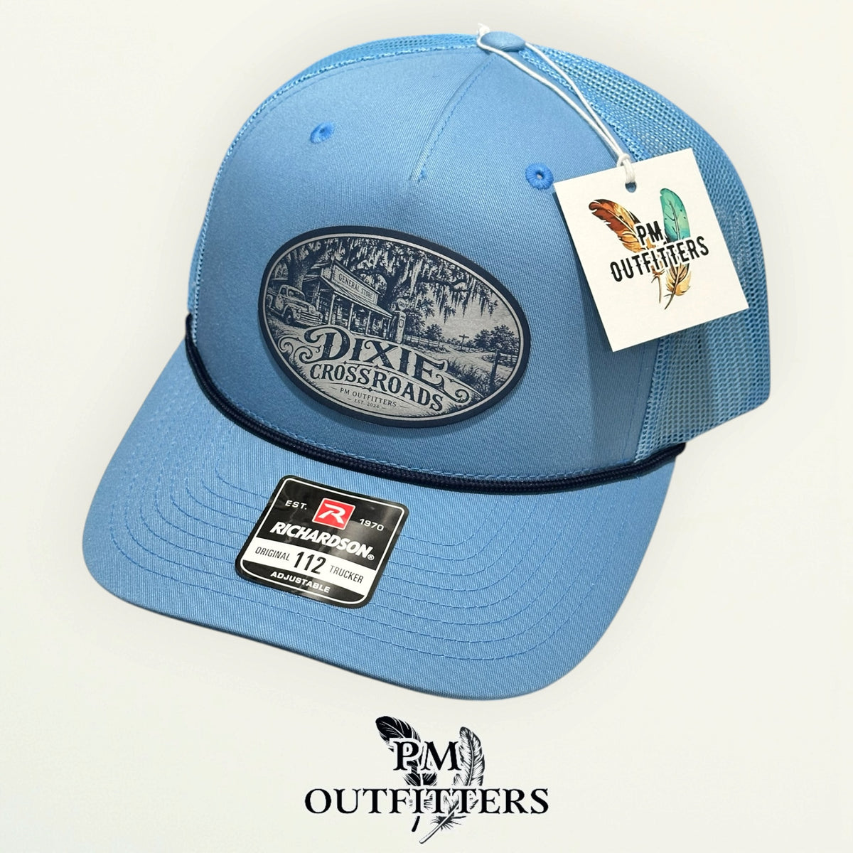 Dixie Crossroads Richardson 112FPR Columbia Blue/Navy rope trucker with engraved natural cream vegan leather product angle 5