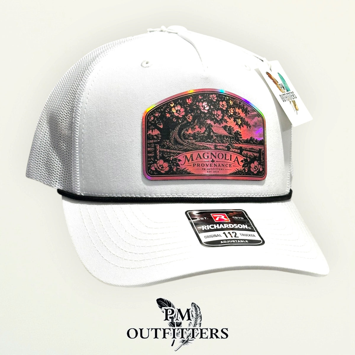 Magnolia Provenance Richardson 112FPR White/Black rope trucker with engraved pink holographic vegan leather product angle 3