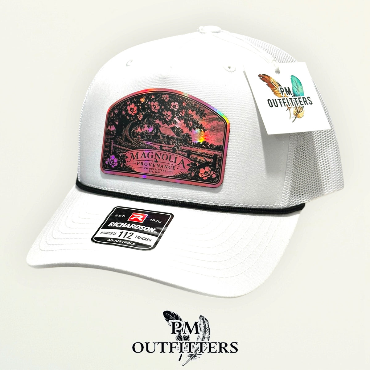 Magnolia Provenance Richardson 112FPR White/Black rope trucker with engraved pink holographic vegan leather product angle 4