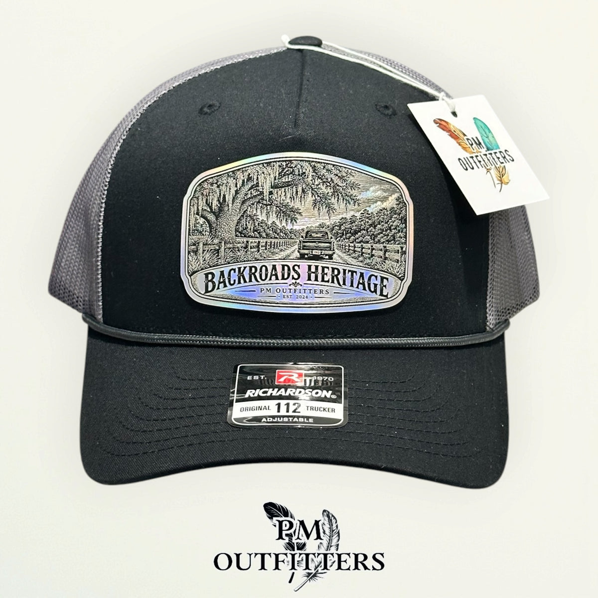 Backroads Heritage Richardson 112FPR Black/Charcoal/Charcoal rope trucker with engraved silver holographic vegan leather product angle 1