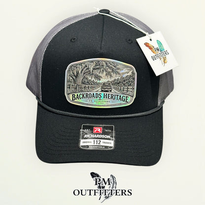 Backroads Heritage Richardson 112FPR Black/Charcoal/Charcoal rope trucker with engraved silver holographic vegan leather product angle 2