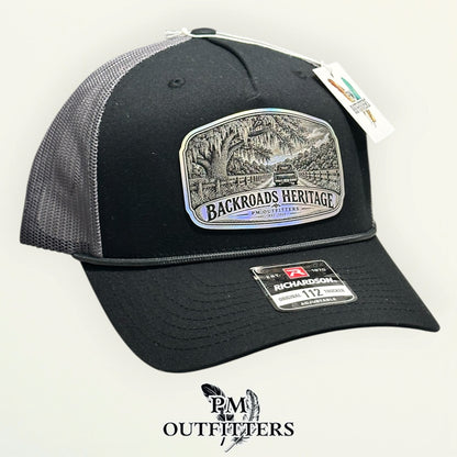Backroads Heritage Richardson 112FPR Black/Charcoal/Charcoal rope trucker with engraved silver holographic vegan leather product angle 3