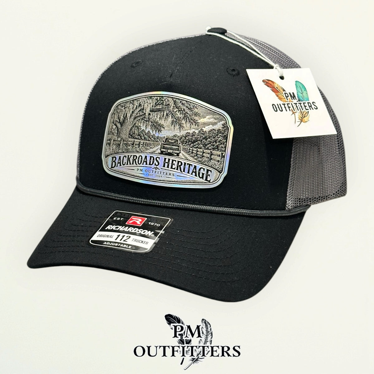Backroads Heritage Richardson 112FPR Black/Charcoal/Charcoal rope trucker with engraved silver holographic vegan leather product angle 4