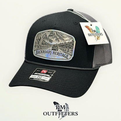 Backroads Heritage Richardson 112FPR Black/Charcoal/Charcoal rope trucker with engraved silver holographic vegan leather product angle 4