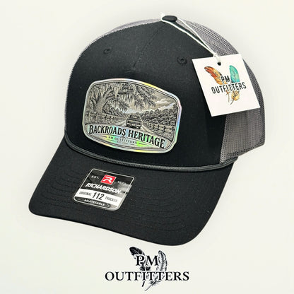 Backroads Heritage Richardson 112FPR Black/Charcoal/Charcoal rope trucker with engraved silver holographic vegan leather product angle 5