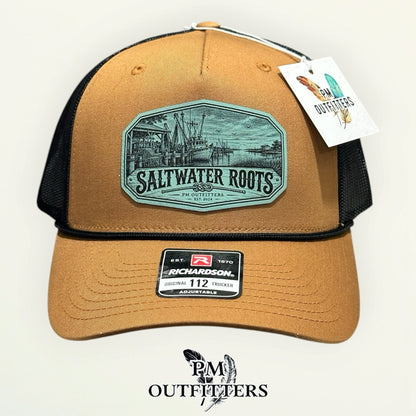 Saltwater Roots Richardson 112FPR Caramel/Black rope trucker with engraved seafoam-green vegan leather product angle 1