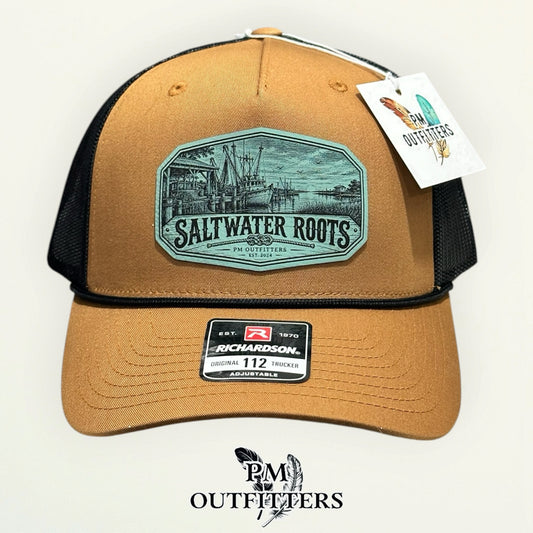Saltwater Roots Richardson 112FPR Caramel/Black rope trucker with engraved seafoam-green vegan leather product angle 1