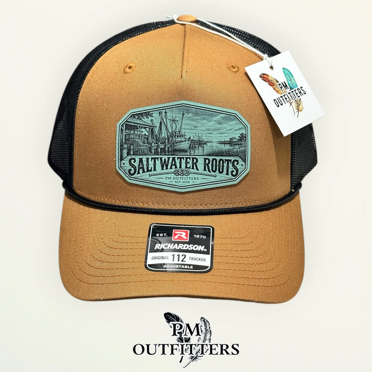 Saltwater Roots Richardson 112FPR Caramel/Black rope trucker with engraved seafoam-green vegan leather product angle 2