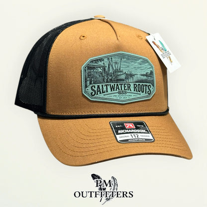 Saltwater Roots Richardson 112FPR Caramel/Black rope trucker with engraved seafoam-green vegan leather product angle 3