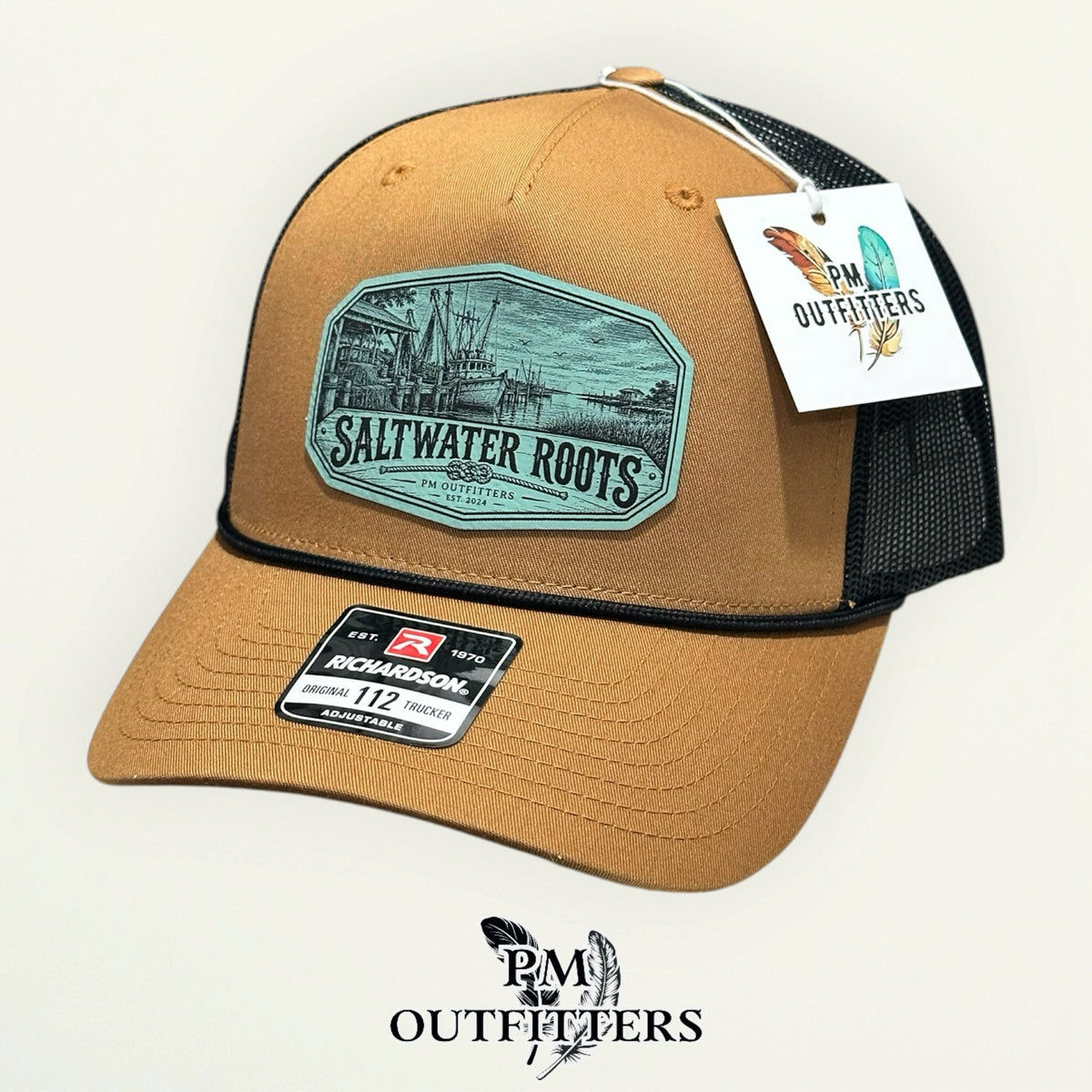 Saltwater Roots Richardson 112FPR Caramel/Black rope trucker with engraved seafoam-green vegan leather product angle 4