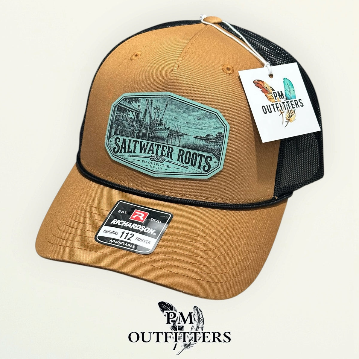 Saltwater Roots Richardson 112FPR Caramel/Black rope trucker with engraved seafoam-green vegan leather product angle 5