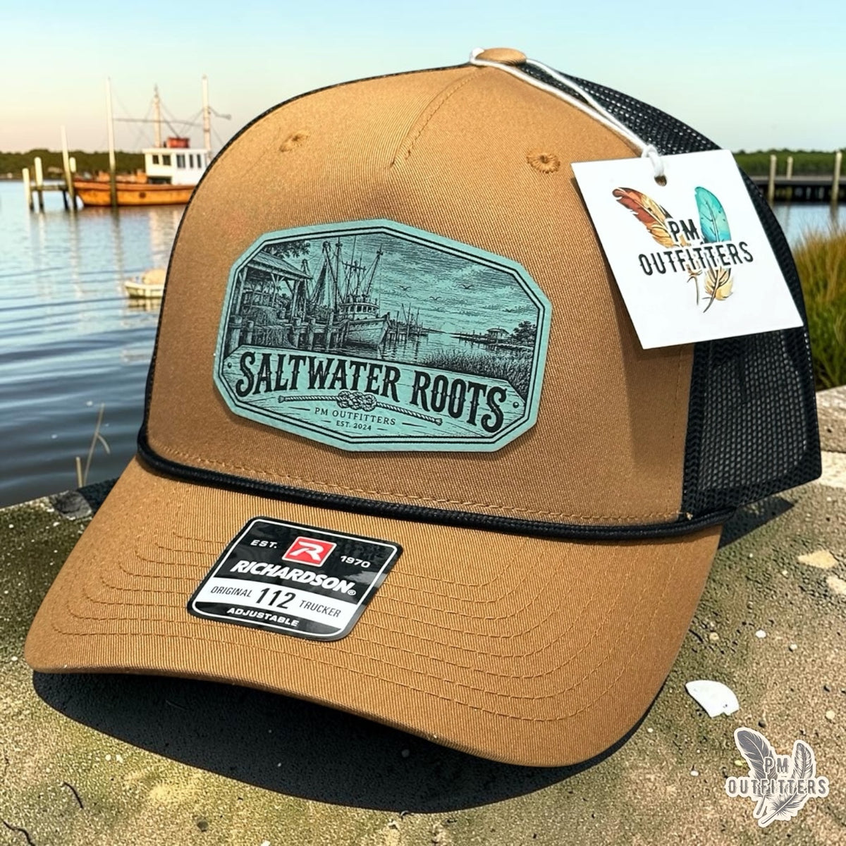 Saltwater Roots PM Outfitters exclusive Southern Heritage rope trucker hat outdoor lifestyle photograph