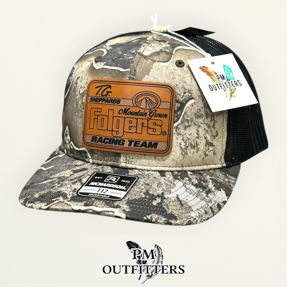 TG Sheppard Folgers Racing Team custom laser-engraved leatherette patch on Richardson 112 Realtree Excape camo and black mesh trucker hat, view 5