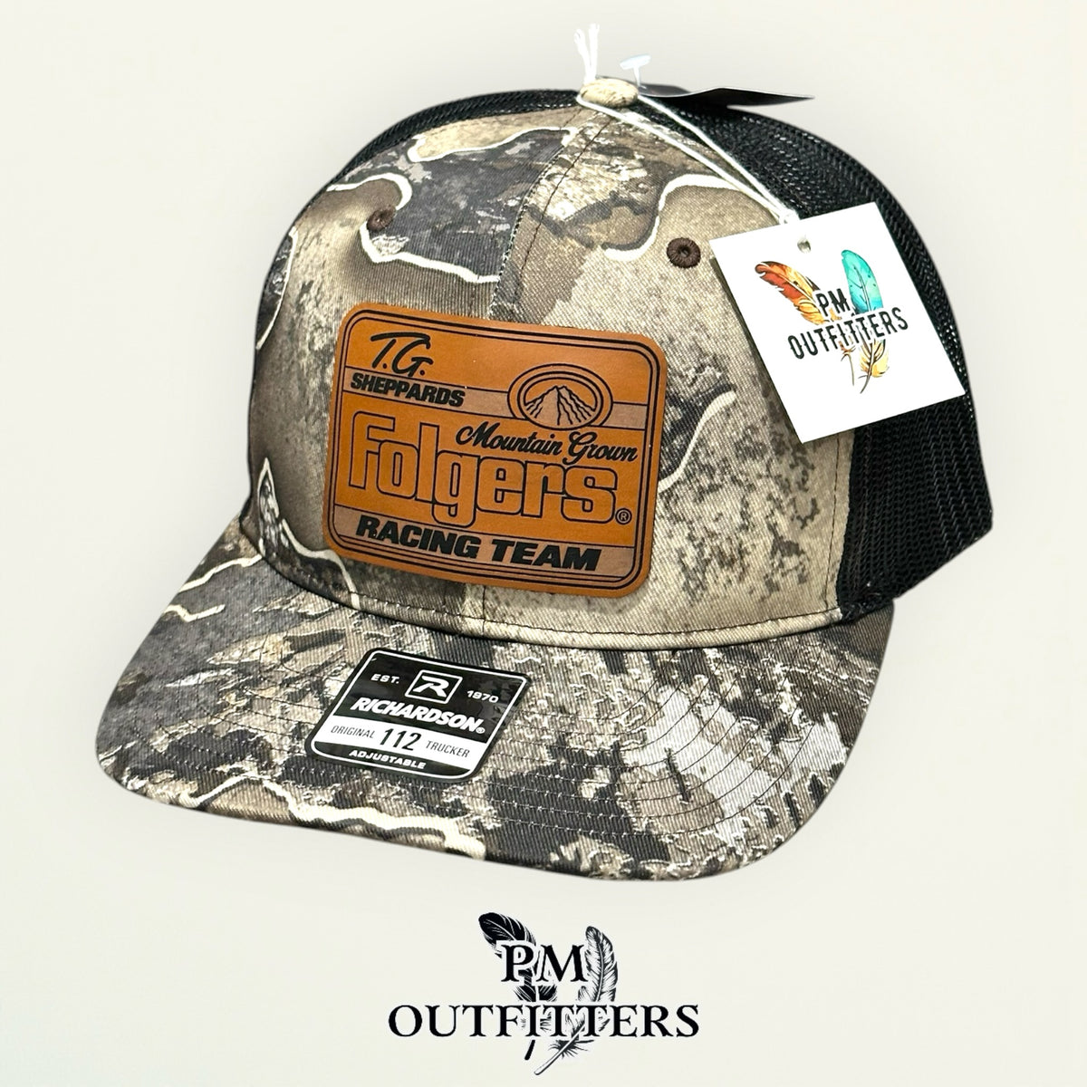 TG Sheppard Folgers Racing Team custom laser-engraved leatherette patch on Richardson 112 Realtree Excape camo and black mesh trucker hat, view 6