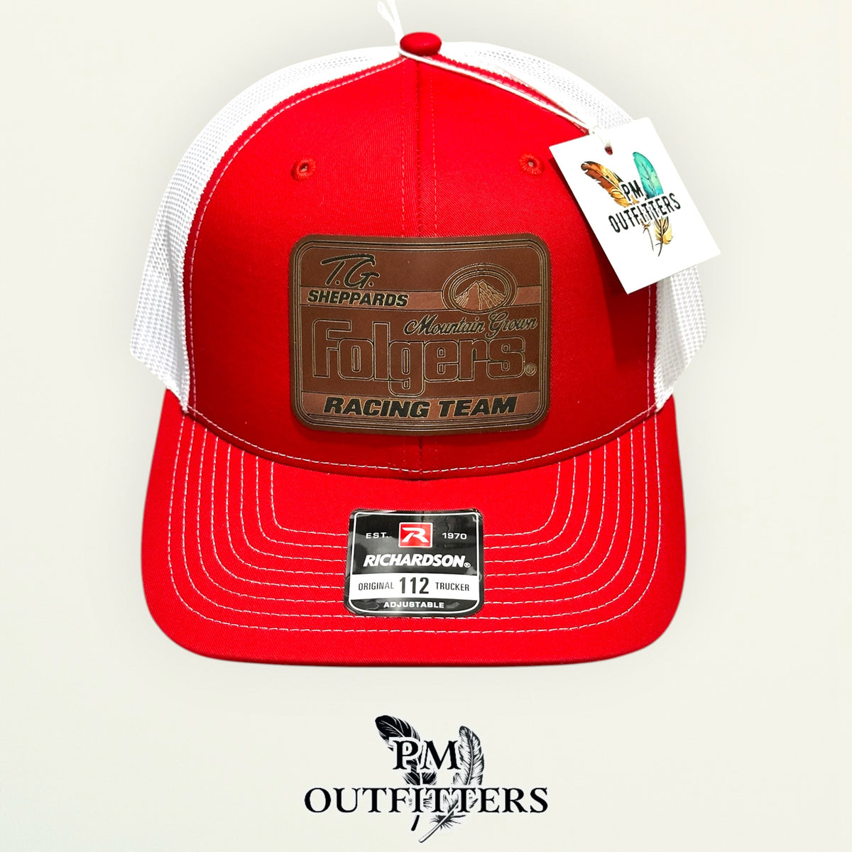 TG Sheppard Folgers Racing Team custom laser-engraved leatherette patch on Richardson 112 red and white mesh trucker hat, view 3