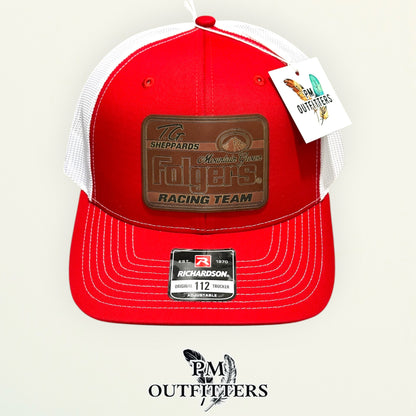 TG Sheppard Folgers Racing Team custom laser-engraved leatherette patch on Richardson 112 red and white mesh trucker hat, view 3