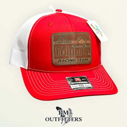 TG Sheppard Folgers Racing Team custom laser-engraved leatherette patch on Richardson 112 red and white mesh trucker hat, view 4