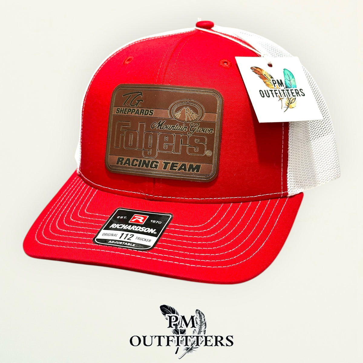 TG Sheppard Folgers Racing Team custom laser-engraved leatherette patch on Richardson 112 red and white mesh trucker hat, view 5
