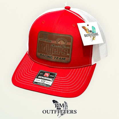 TG Sheppard Folgers Racing Team custom laser-engraved leatherette patch on Richardson 112 red and white mesh trucker hat, view 6