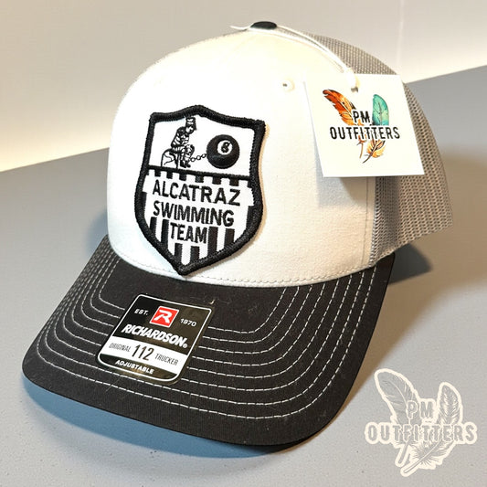 PM Outfitters vintage Alcatraz Swimming Team patch trucker hat Richardson 112 white black gray authentic 1970s-80s San Francisco